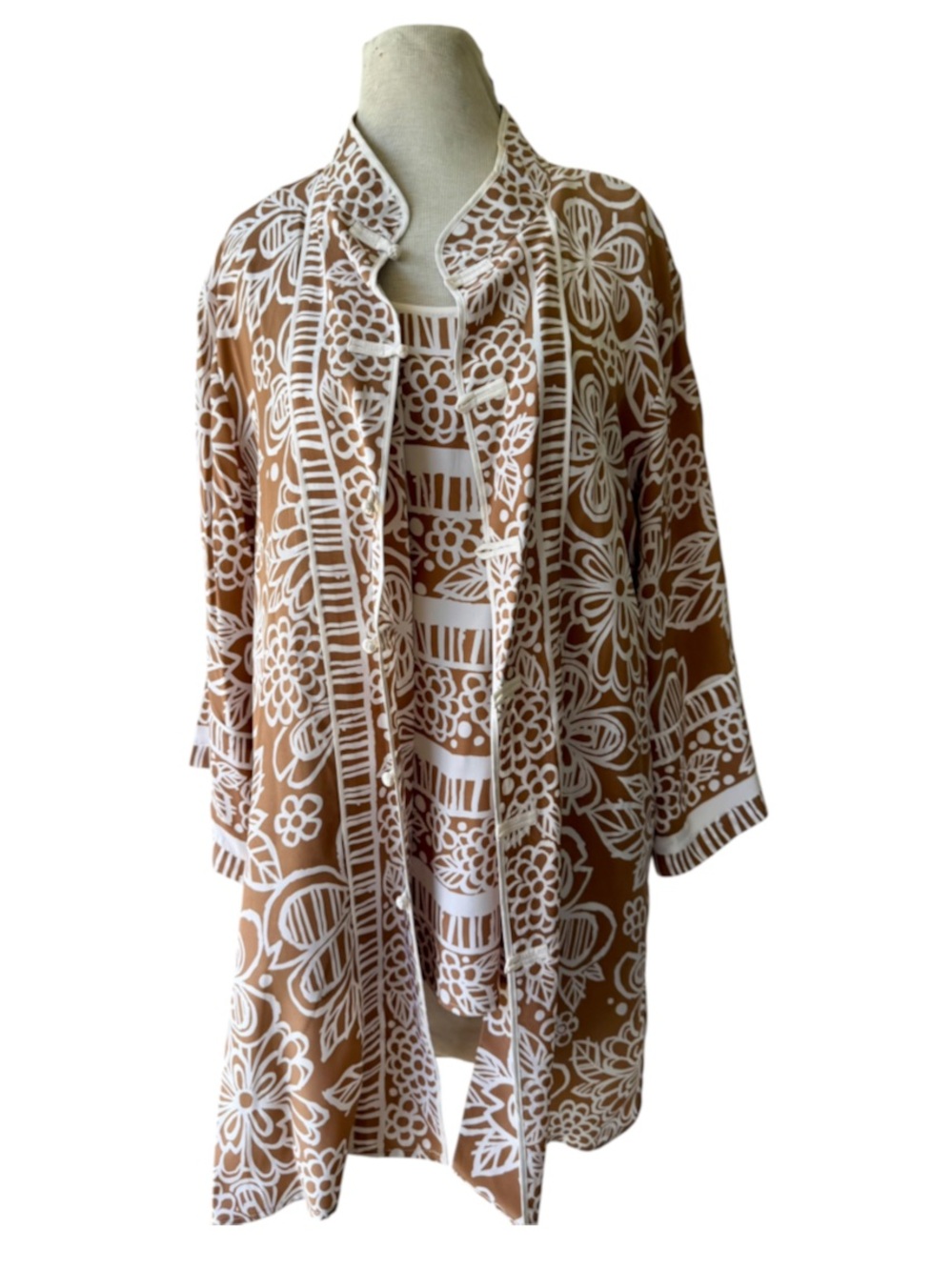 Vtg Bob Mackie Wearable Art Tan Floral 100% Silk Blouse XL Cami 2pc Mandarin